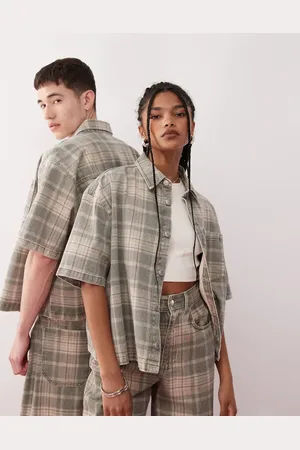 Reclaimed Unisex-denimskjorte med tern i firkantet pasform