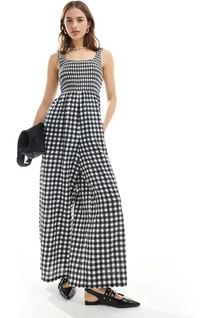 ASOS Jumpsuit med dyb, rund hals og vide ben i monokrome gingham-tern-Multifarvet