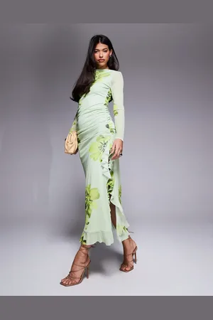 ASOS Langærmet maxikjole med flæsedetaljer, A-form og grønt blomstermønster i mesh-Multifarvet