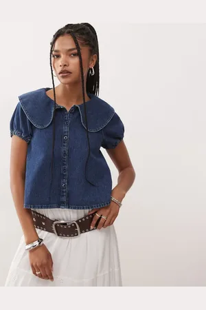 Reclaimed Denimbluse med puffball-ærmer og Peter Pan-krave
