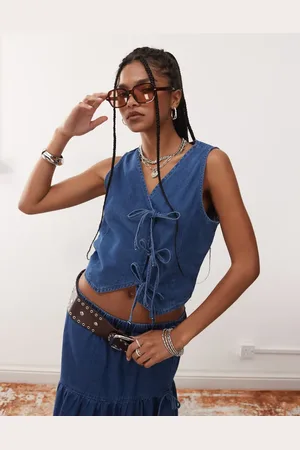Reclaimed Denimtop med bindedetaljer - Del af sæt-Blå