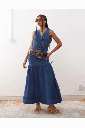 Reclaimed Prærienederdel med sløjfedetalje i denim - Del af sæt-Blå