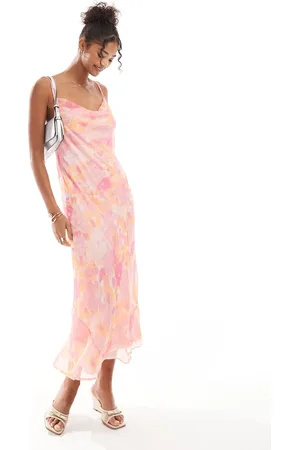 VERO MODA Smilla - Pink cami-midikjole med vandfaldsudskæring og sløret blomstermønster-Lyserød