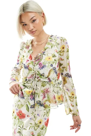 French Connection Hallie - Hvid bluse med blomstermønster i krølstof - Del af sæt-Multifarvet