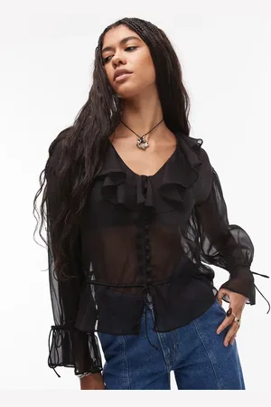 Topshop Gennemsigtig top med bindebånd foran og flæser