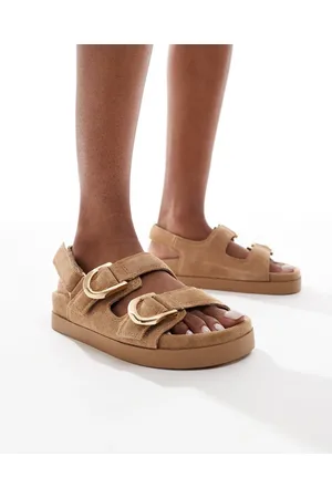 Stradivarius Gyldenbrune sandaler med ankelremme i læder