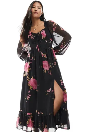 Miss Selfridge Langærmet maxikjole med korsetdetalje og rosenprint-Multifarvet