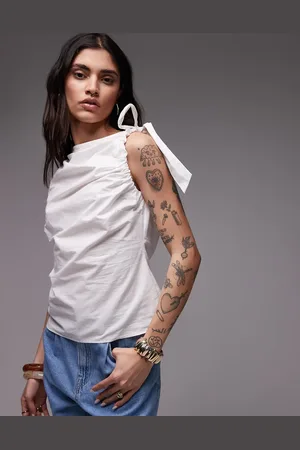 Topshop Hvid og ærmeløs top med rynkede skuldre i poplin