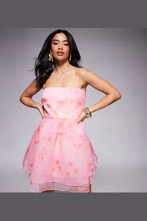 Lace & Beads Lyserød superkort babydoll-minikjole i organza med blomstermønster
