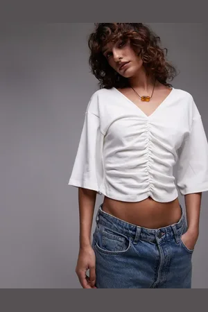 Topshop Elfenbenshvid top med V-hals, korte ærmer og rynker