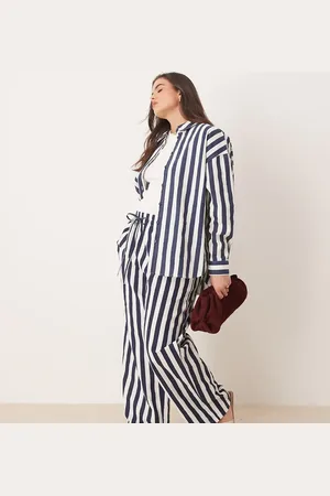 ASOS Curve - Marineblå pull-on-bukser med striber i hørlook - Del af sæt-Multifarvet