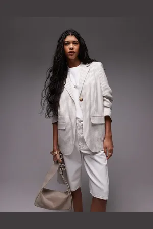 Topshop Cremehvid blazer med enkelt knap og nålestriber i hør - Del af sæt
