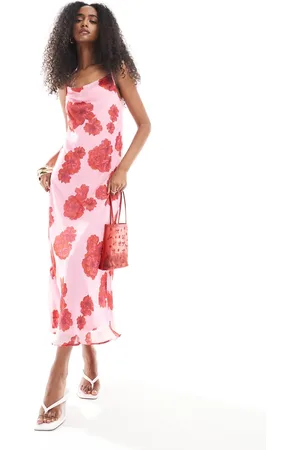 VERO MODA Smilla - Rød og pink cami-midikjole med vandfaldsudskæring og blomstermønster-Lyserød