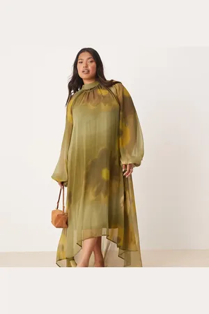 ASOS ASOS DESIGN Curve - Maxi smock-kjole med længere kant bagpå og bindebånd i halsen og stort og sløret -Multifarvet