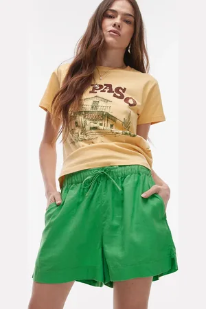 Topshop Grønne shorts med høj talje og løbesnor i hør