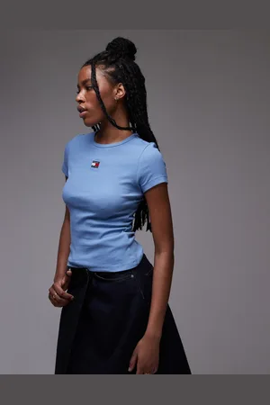 Tommy Hilfiger Blå ribstrikket T-shirt med logomærke
