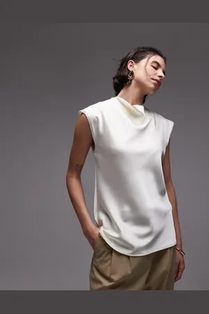 MANGO Top med draperet hals og afkortede ærmer i satin