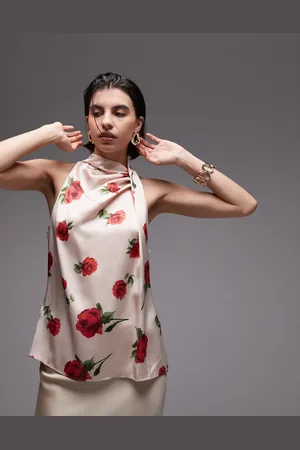 MANGO Top med høj hals og roseprint i satin