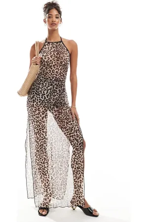 Pieces® Maxi-strandkjole med halterneck og leopardprint i mesh-Multifarvet