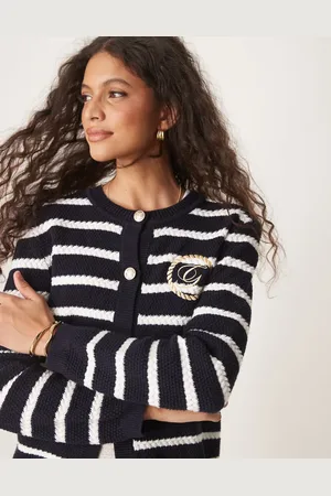 GANT Marineblå stribet cardigan med rund hals og logo