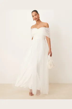 Lace & Beads Elfenbensfarvet offshoulder-maxikjole i tyl med sløjfedesign