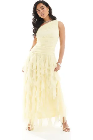 Lace & Beads Brudepiger - Smørblomstgul oneshoulder-maxikjole med vandfaldsflæser-Blå