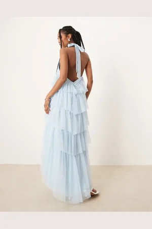 Lace & Beads Lyseblå lagdelt maxikjole med åben ryg i tyl