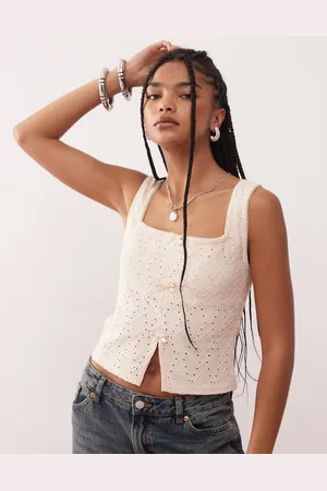 Reclaimed Cremehvid tanktop med frontslids og broderie anglaise