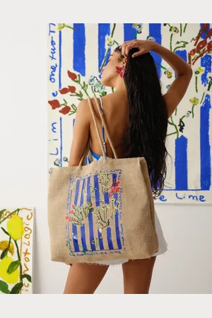 Topshop Tallie - Tote-taske med grafik og blå striber-Multifarvet