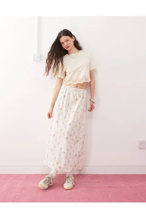 Miss Selfridge Cremehvid slip-midinederdel i hørblanding med blomstermønster-Multifarvet