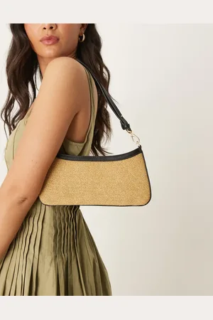 MANGO Gyldenbrun skuldertaske i raffia med kant