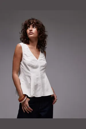 MANGO Peplum-top med V-hals i hørblanding