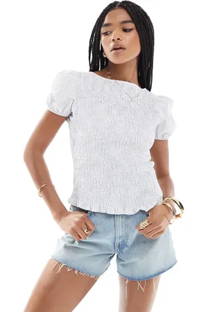 ASOS Blå bluse med pufærmer, rynker og striber-Multifarvet
