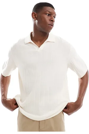 JACK & JONES Cremehvid ribstrikket poloskjorte med åben hals