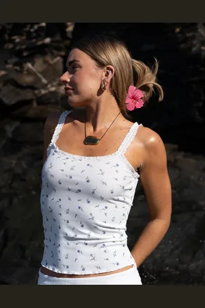 Daisy Street X Molly Mcfarlane - Ribstrikket camisol med blondedetaljer og -stropper og print-Multifarvet