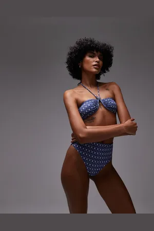 ARKET Mix og match - Blå bandeau-bikinitop med bøjle, udtagelig polstring, halterneck-stropper og hvidt print-Multifarvet