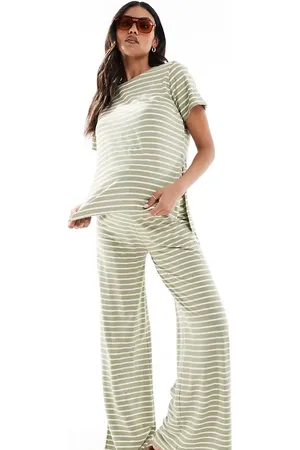 Mama;licious Mamalicious Maternity - Kakigrønne bukser med vide ben og striber i jersey - Del af sæt