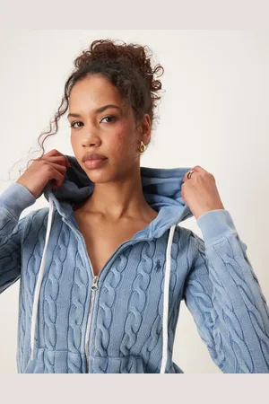 Ralph Lauren Blå kabelstrikket cardigan med gennemgående lynlås og hætte