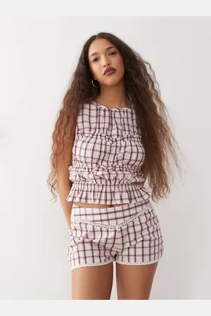 Reclaimed Pink top med sømdetaljer, rynker og tern
