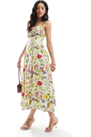 French Connection Monica - Hvid midikjole med blomstermønster i poplin-Multifarvet