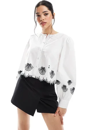 French Connection Cambria - Hvid bluse med broderier i bomuld-Multifarvet