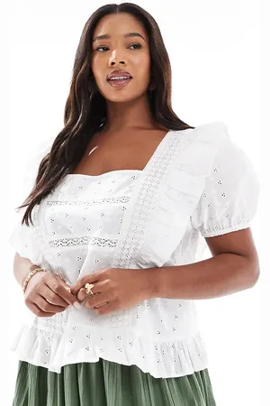 ASOS ASOS DESIGN Curve - Top med firkantet hals, flæser og broderier-Hvid