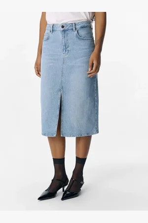 Object Lyseblå midinederdel i denim