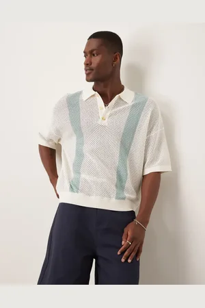 ASOS Ecrufarvet, blå, oversized og firkantet polotrøje i tekstureret airtex-strik med striber-Neutral