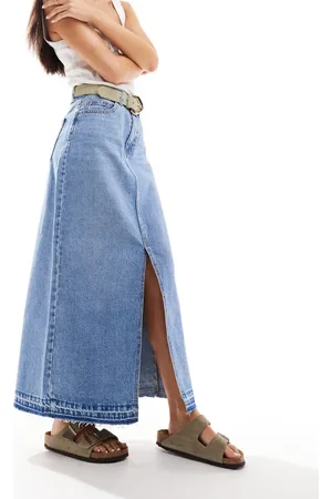 VERO MODA Vasket mellemblå midinederdel i denim