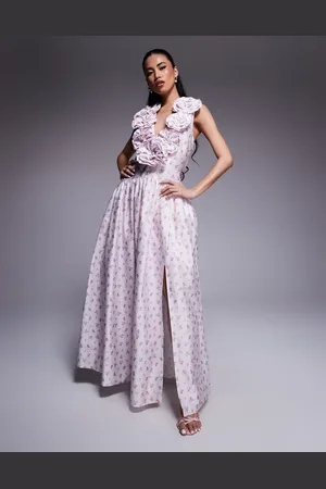 ASOS Maxikjole med sænket talje, dyb udskæring, corsage-detaljer og småblomstret print i bomuldssatin
