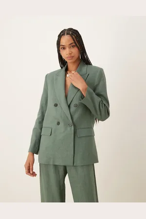 MANGO Dobbeltradet, oversized og salviegrøn blazer i hør - Del af sæt