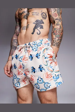 ASOS Korte badeshorts med akvarelprint og flisedesign-Neutral
