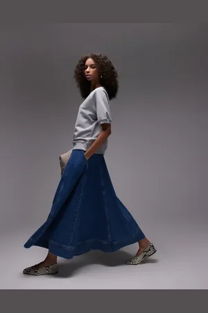 Topshop Mellemblå maxinederdel med fyldigt skørt i denim