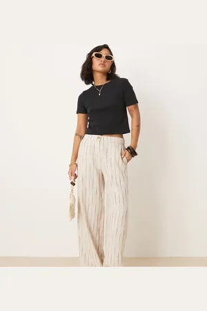 ASOS Petite - Neutrale og afslappede bukser med lige ben og ujævne striber i hørblanding-Multifarvet